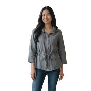 Cynthia Rowley 100% Linen Gray Hooded Full Zip Jacket Womens Size Medium Beachy